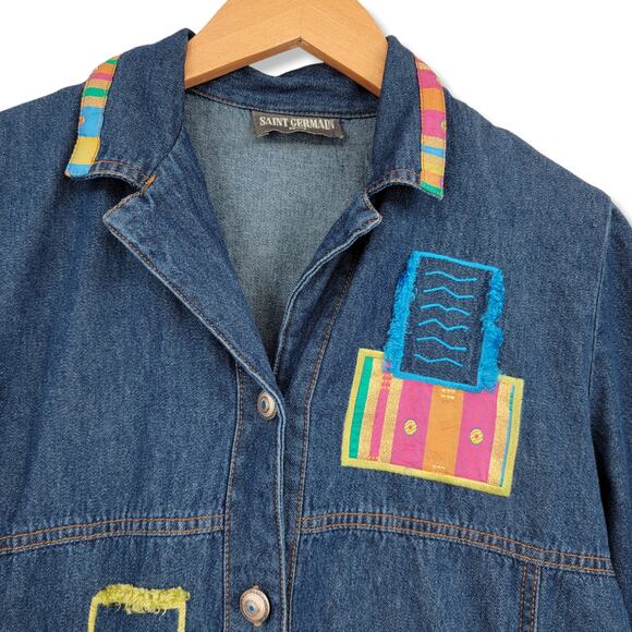 Vintage Saint Germain Women's Denim‎ Embroidered Patchwork Jacket Size Petite - Picture 4 of 11